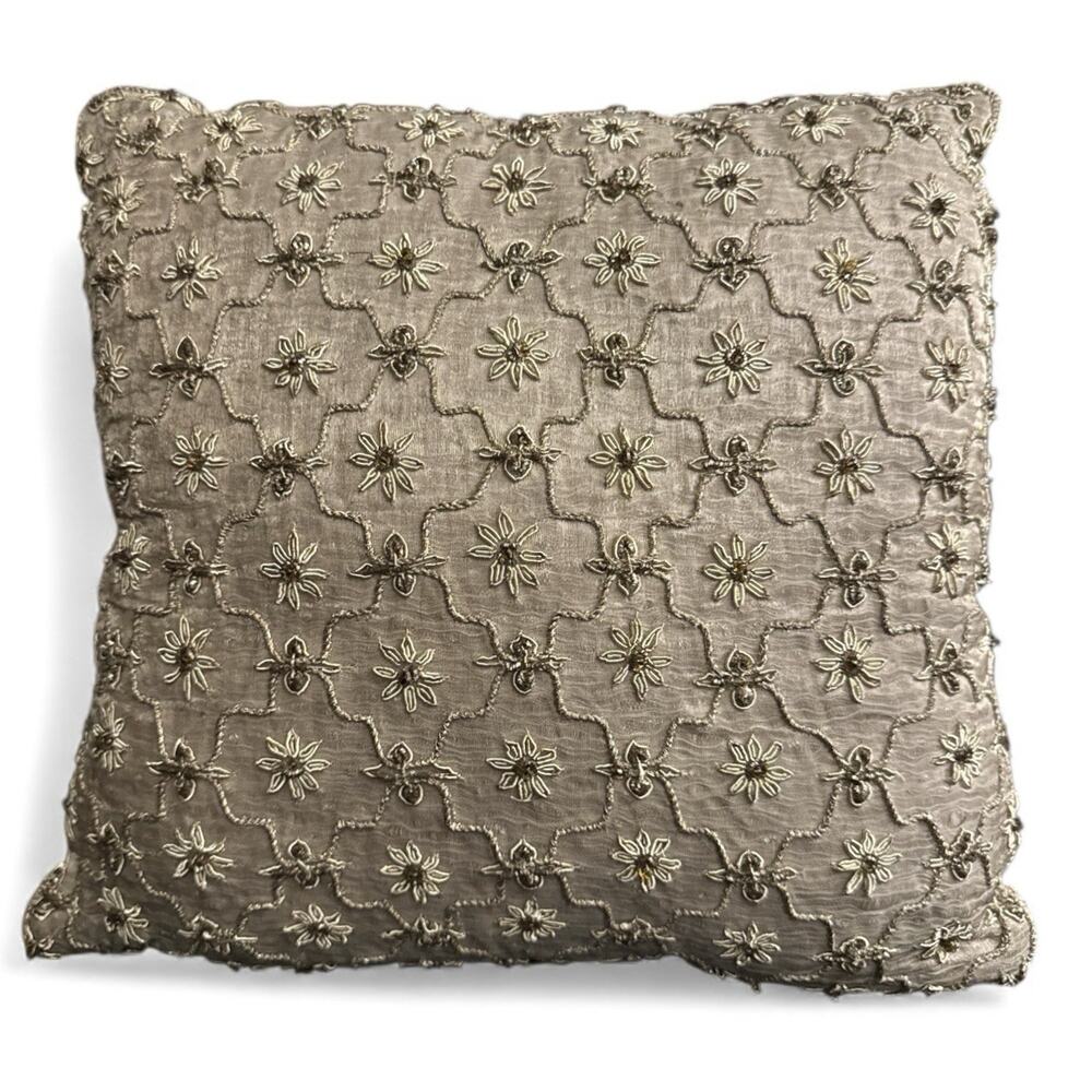 Pottery Barn Throw Pillow Beaded Metallic Silk Gold Embroidered Boho 11 x 11